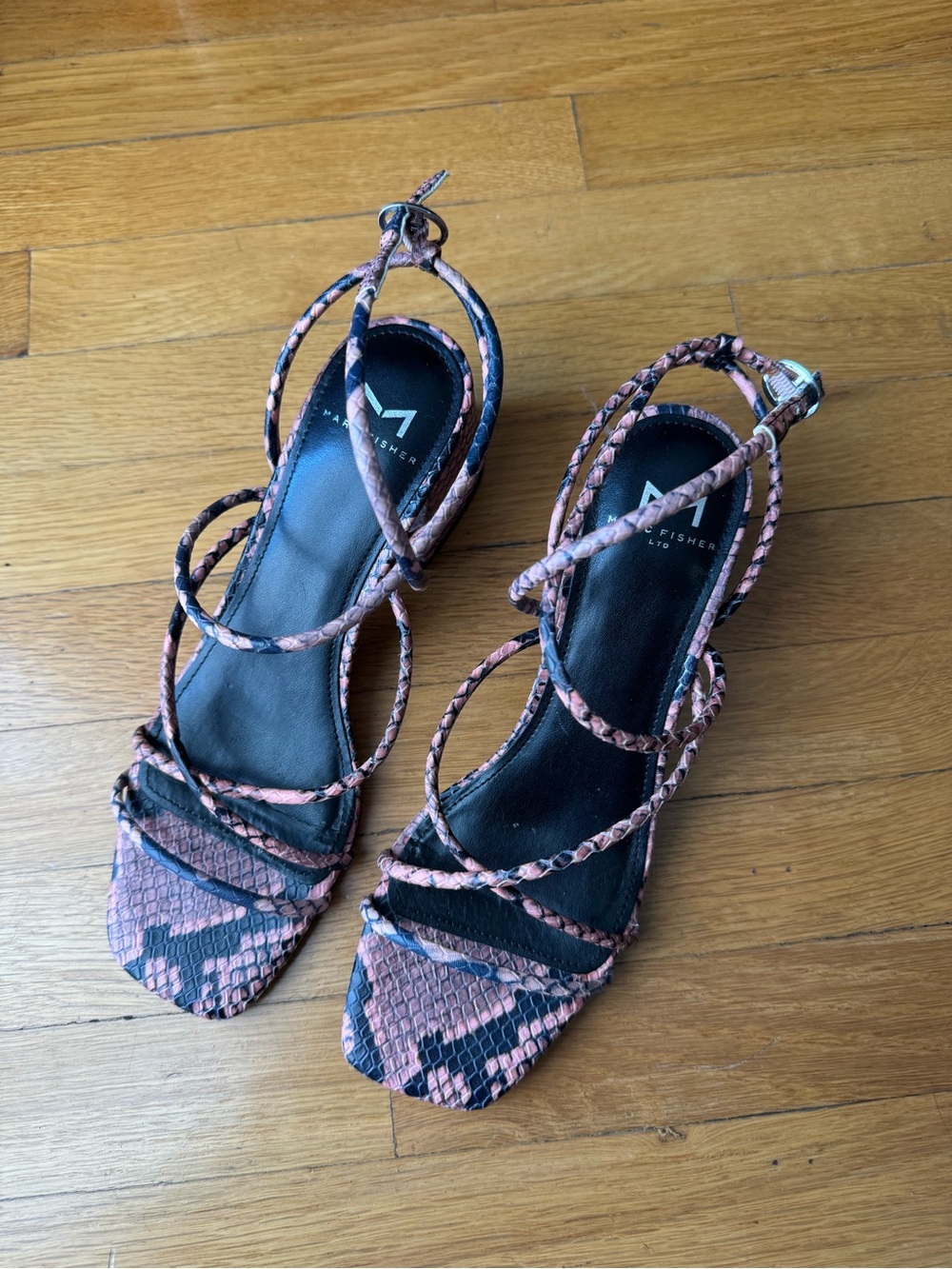 Marc Fisher Pink Snake-Print Strappy Sandals